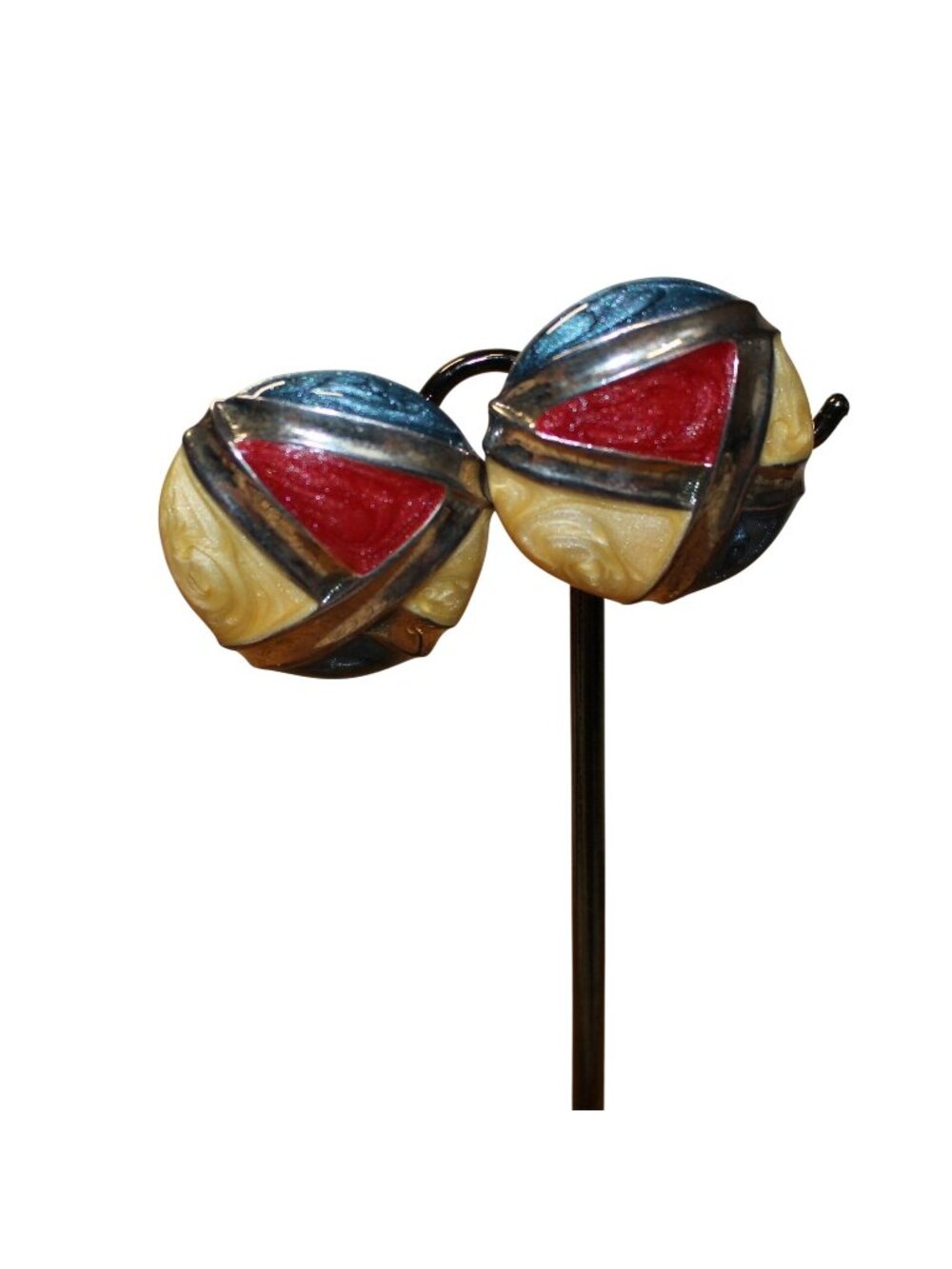 Vintage Multi-Color Enamel Geometric Dome Clip-On Earrings Abstract